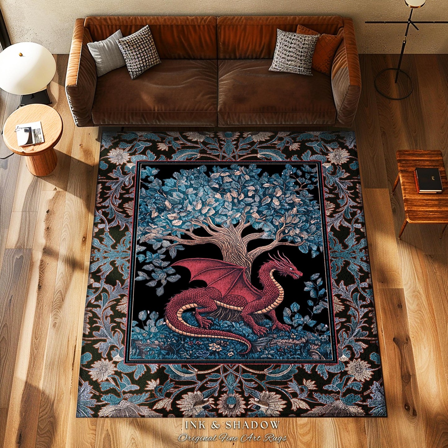 Folk Art Dragon Theme Rug | Dark Botanical Woodland Moody Bedroom Baroque Fantasy Tree Home Accent Fantasy Aesthetic Mythical Creatures Art