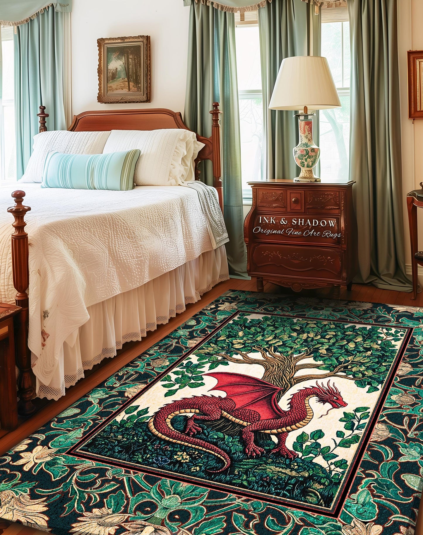 Medieval Woodland Dragon Accent Rug | Botanical Goblincore Bedroom Whimsigothic Style Fairycore Cottagecore Aesthetic Moody Dark Academia |