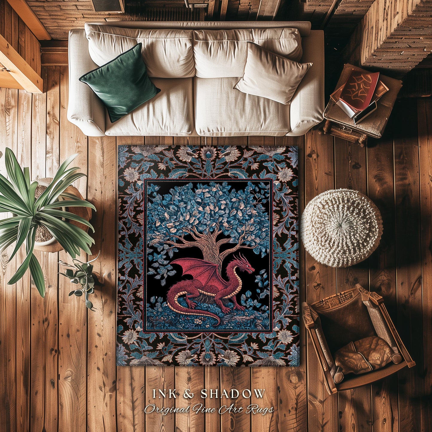 Folk Art Dragon Theme Rug | Dark Botanical Woodland Moody Bedroom Baroque Fantasy Tree Home Accent Fantasy Aesthetic Mythical Creatures Art