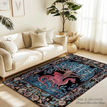 Folk Art Dragon Theme Rug | Dark Botanical Woodland Moody Bedroom Baroque Fantasy Tree Home Accent Fantasy Aesthetic Mythical Creatures Art