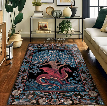 Folk Art Dragon Theme Rug | Dark Botanical Woodland Moody Bedroom Baroque Fantasy Tree Home Accent Fantasy Aesthetic Mythical Creatures Art