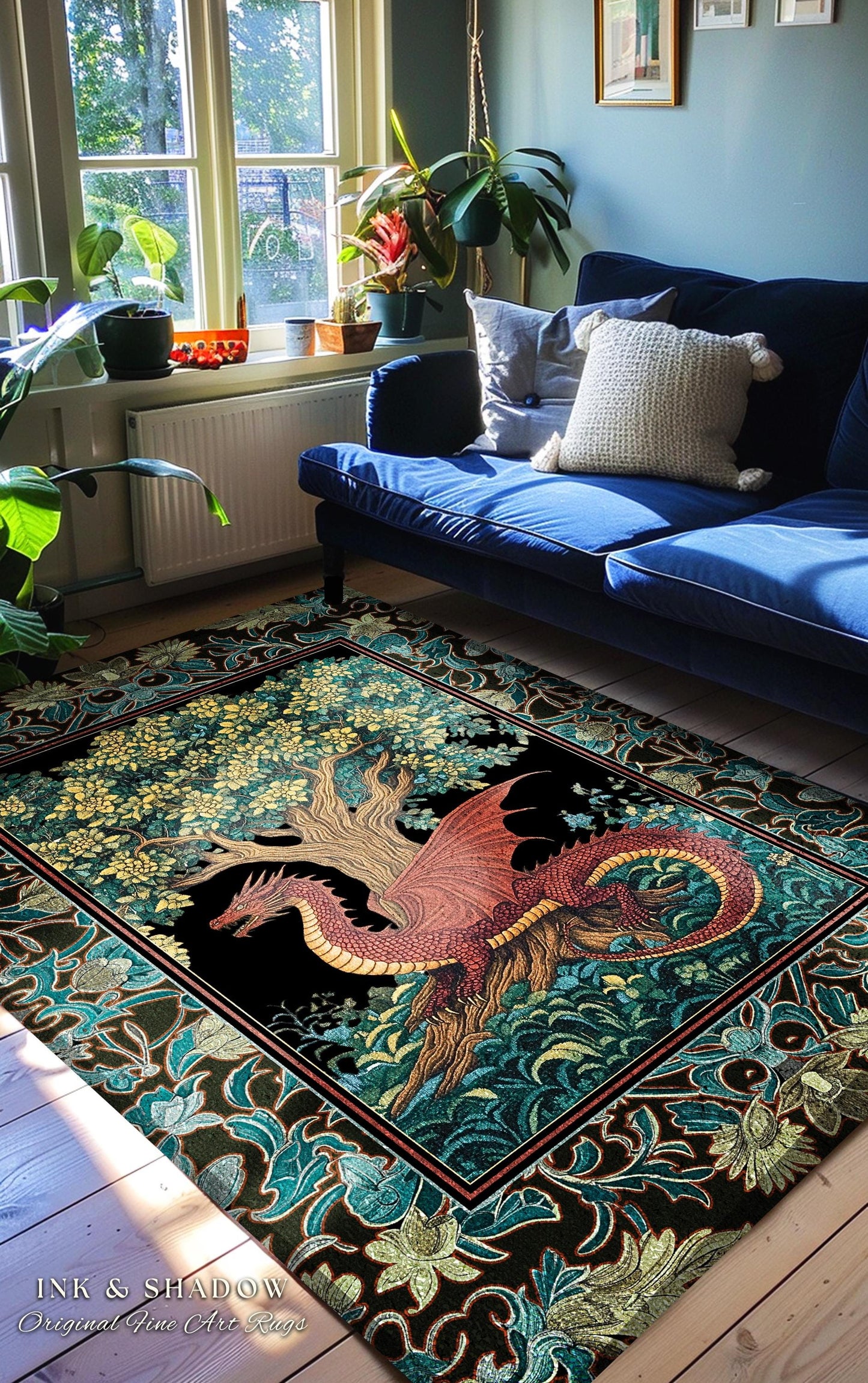 Middle Ages Woven Dragon Rug | Mythical Creatures Woodland Whimsy Fairycore Bedroom Baroque Fantasy Tapestry Area Rug Goblincore Home Accent