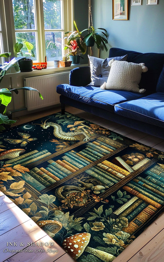 Whimsical Fantasy Bookshelf Enchanted Forest Fairycore Dragon Rug | Romantic Dark Academia Woodland Fairytale Bookish Booknook Home Decor