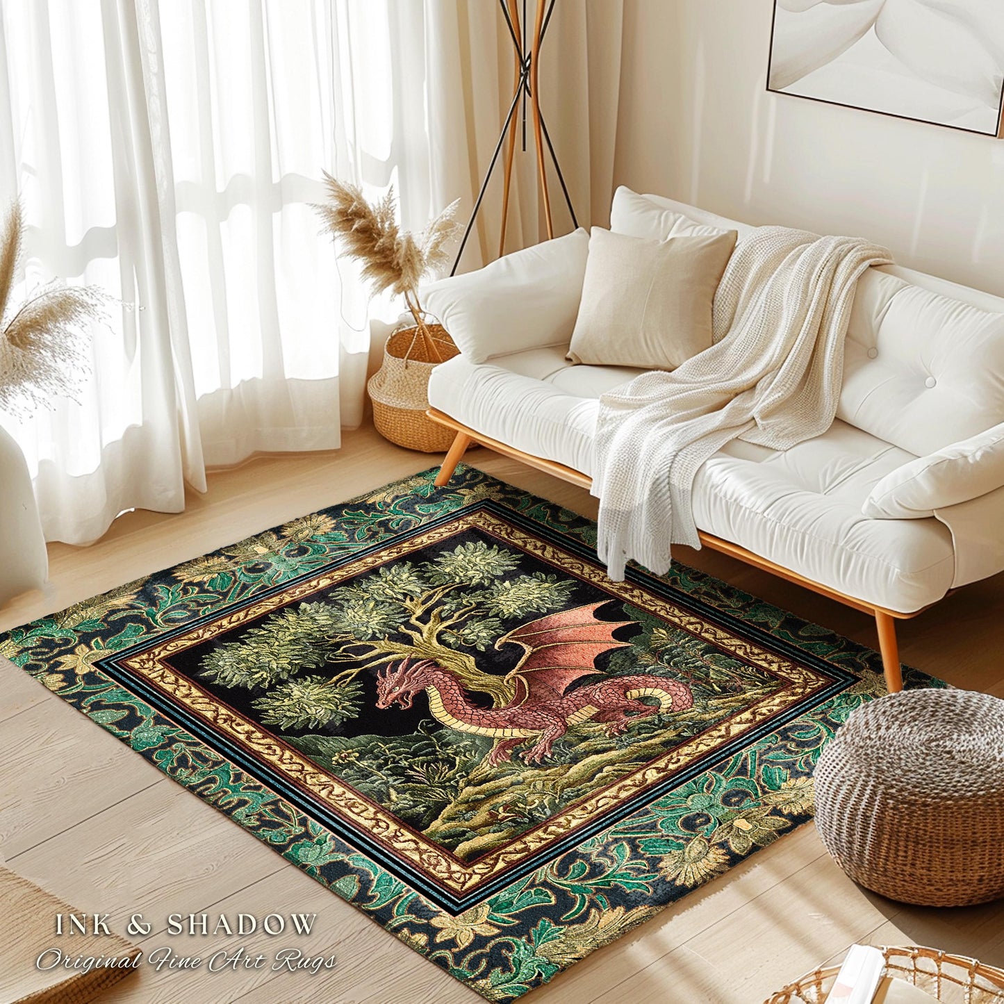 Fairytale Gothic Dragon Area Rug | Whimsical Fantasy Dark Cottagecore Aesthetic Medieval Accent Rug Moody Bedroom Gothic Maximalist Theme