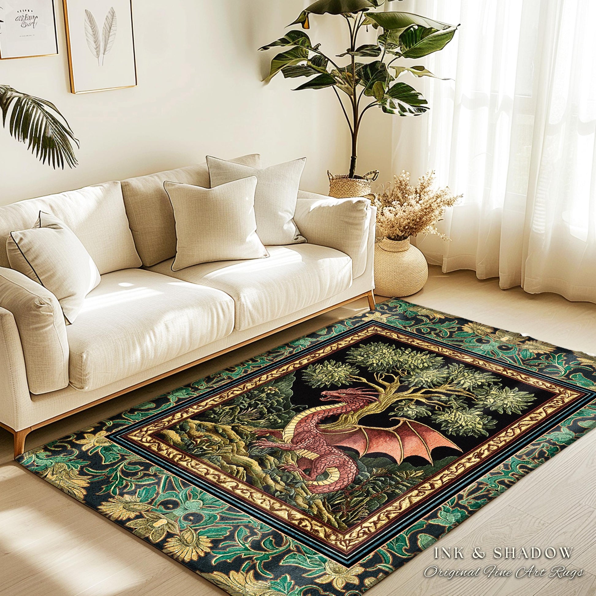 Fairytale Gothic Dragon Area Rug | Whimsical Fantasy Dark Cottagecore Aesthetic Medieval Accent Rug Moody Bedroom Gothic Maximalist Theme