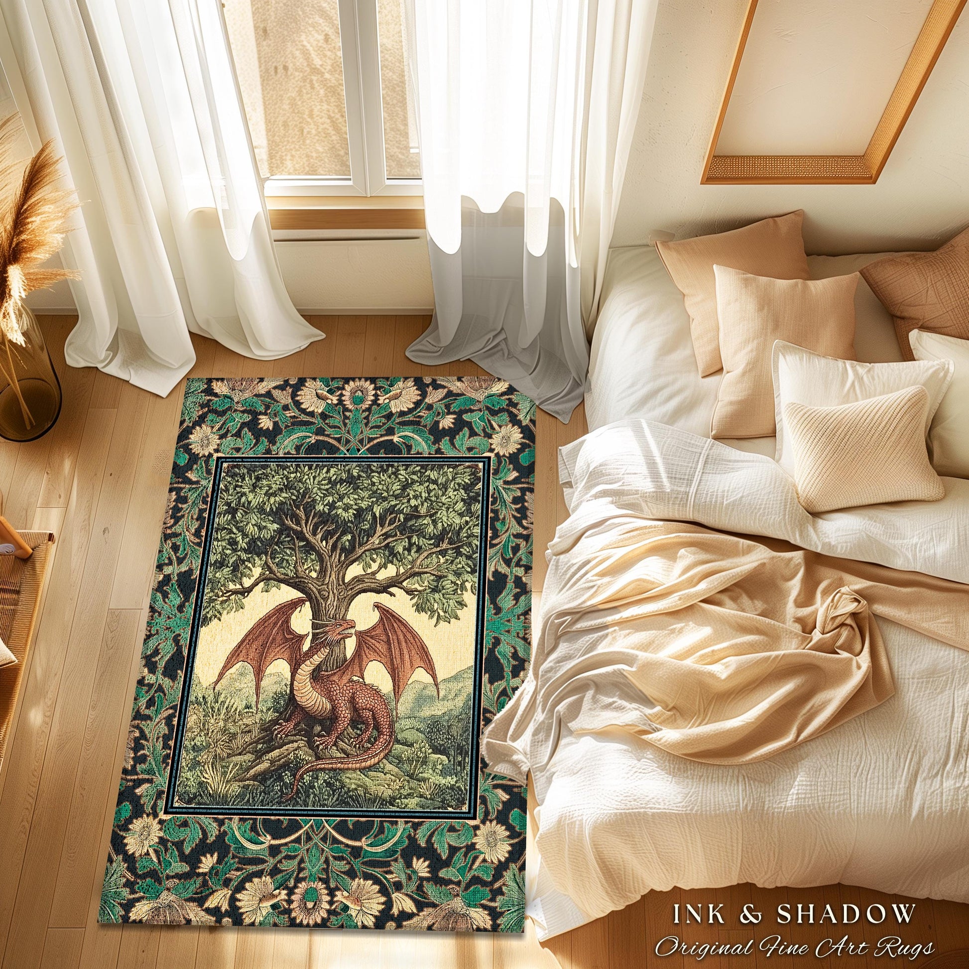 Folklore Aesthetic Dragon Accent Rug | Woodland Fairytale Bedroom Whimsigothic Dark Academia Decor Victorian Folklore Witchy Ethereal Gift |