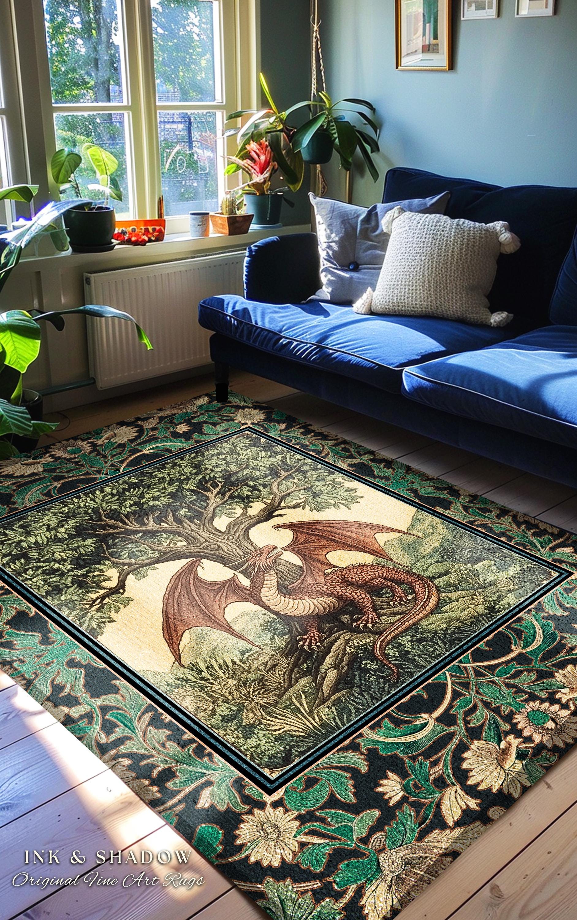 Folklore Aesthetic Dragon Accent Rug | Woodland Fairytale Bedroom Whimsigothic Dark Academia Decor Victorian Folklore Witchy Ethereal Gift |