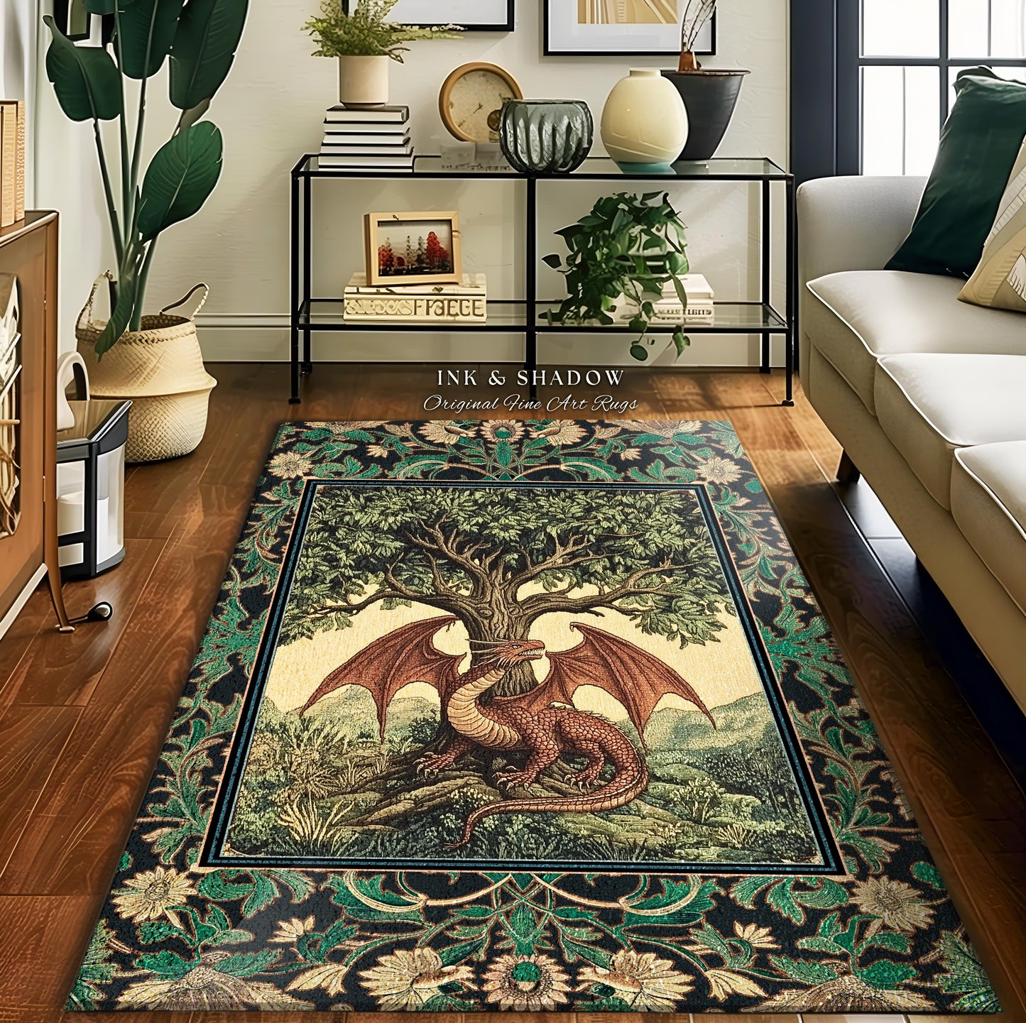 Folklore Aesthetic Dragon Accent Rug | Woodland Fairytale Bedroom Whimsigothic Dark Academia Decor Victorian Folklore Witchy Ethereal Gift |