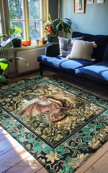 Moody Mythological Dragon Floor Rug | Whimsical Bedroom Dark Medieval Dragon Area Rug Enchanted Gloomy Ethereal Goblincore Style Bedroom |