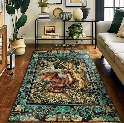 Moody Mythological Dragon Floor Rug | Whimsical Bedroom Dark Medieval Dragon Area Rug Enchanted Gloomy Ethereal Goblincore Style Bedroom |