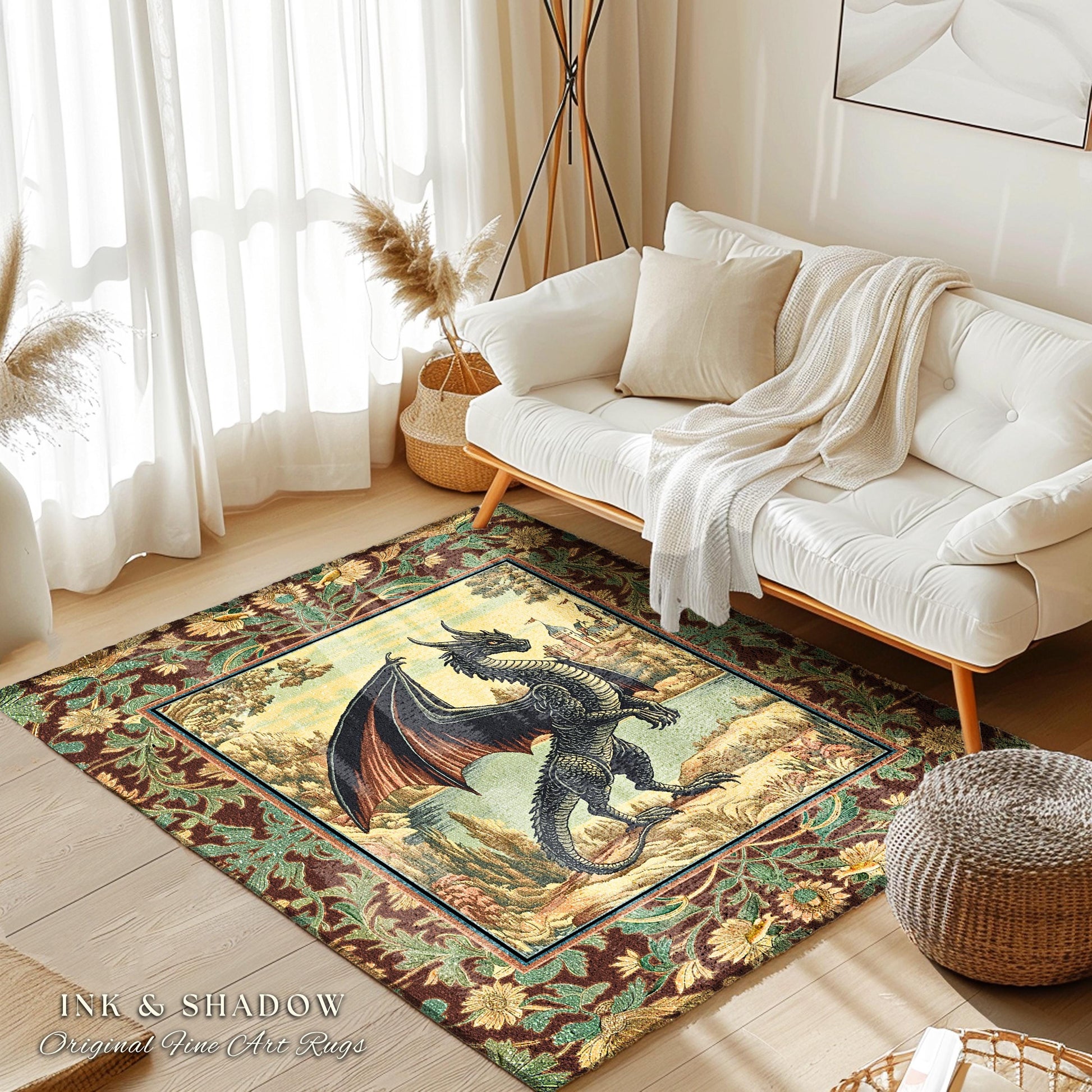 Dark Maximalist Dragon Bedroom Rug | Victorian Floral Woodland Fairytale Accent Rug Whimsigothic Dark Academia Decor Mystic Folklore Decor |