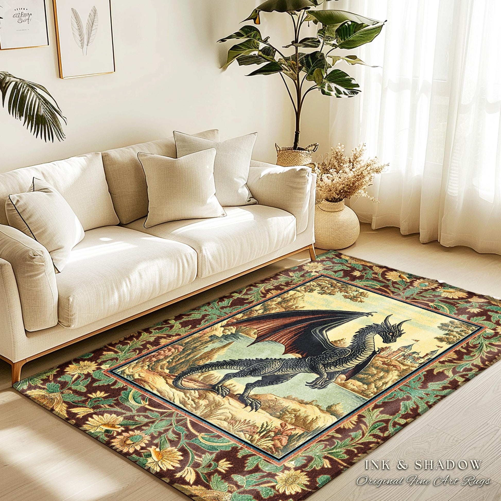 Dark Maximalist Dragon Bedroom Rug | Victorian Floral Woodland Fairytale Accent Rug Whimsigothic Dark Academia Decor Mystic Folklore Decor |