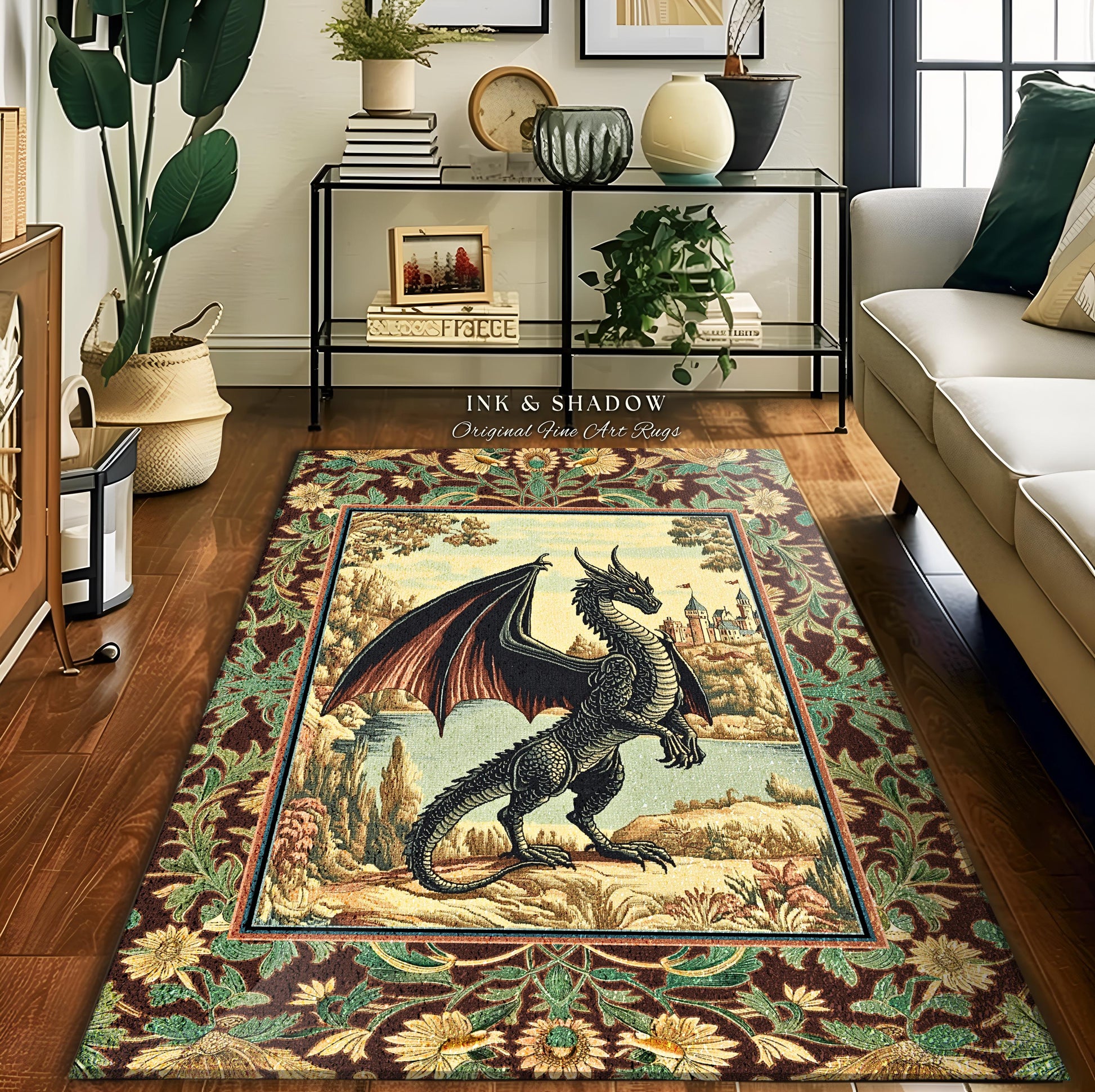 Dark Maximalist Dragon Bedroom Rug | Victorian Floral Woodland Fairytale Accent Rug Whimsigothic Dark Academia Decor Mystic Folklore Decor |