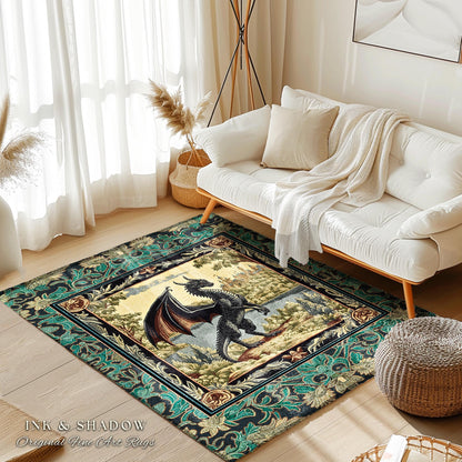 Dark Medieval Storybook Dragon Rug | Fairytale Theme Ornate Dark Academia Gothic Woodland Ornate Bedroom Botanical Bedroom Accent Maximalist