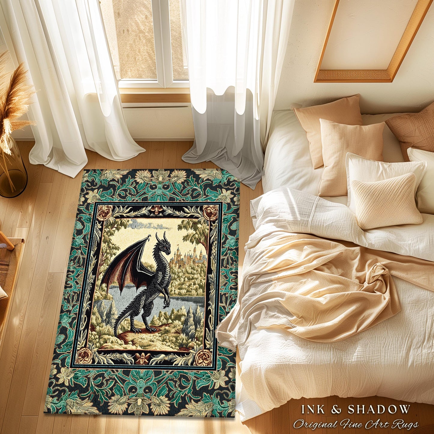 Dark Medieval Storybook Dragon Rug | Fairytale Theme Ornate Dark Academia Gothic Woodland Ornate Bedroom Botanical Bedroom Accent Maximalist