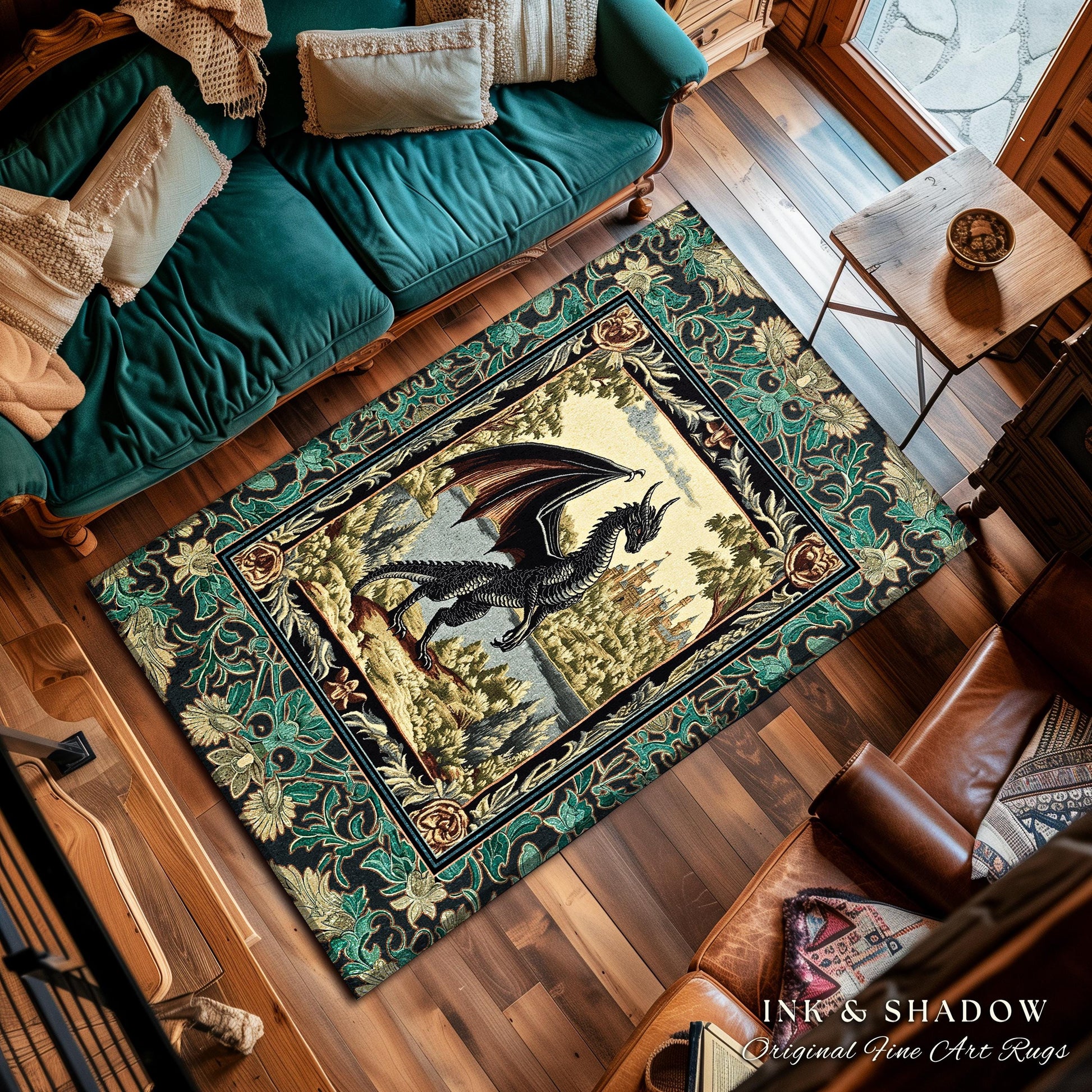 Dark Medieval Storybook Dragon Rug | Fairytale Theme Ornate Dark Academia Gothic Woodland Ornate Bedroom Botanical Bedroom Accent Maximalist