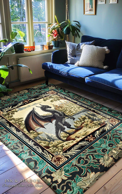 Dark Medieval Storybook Dragon Rug | Fairytale Theme Ornate Dark Academia Gothic Woodland Ornate Bedroom Botanical Bedroom Accent Maximalist