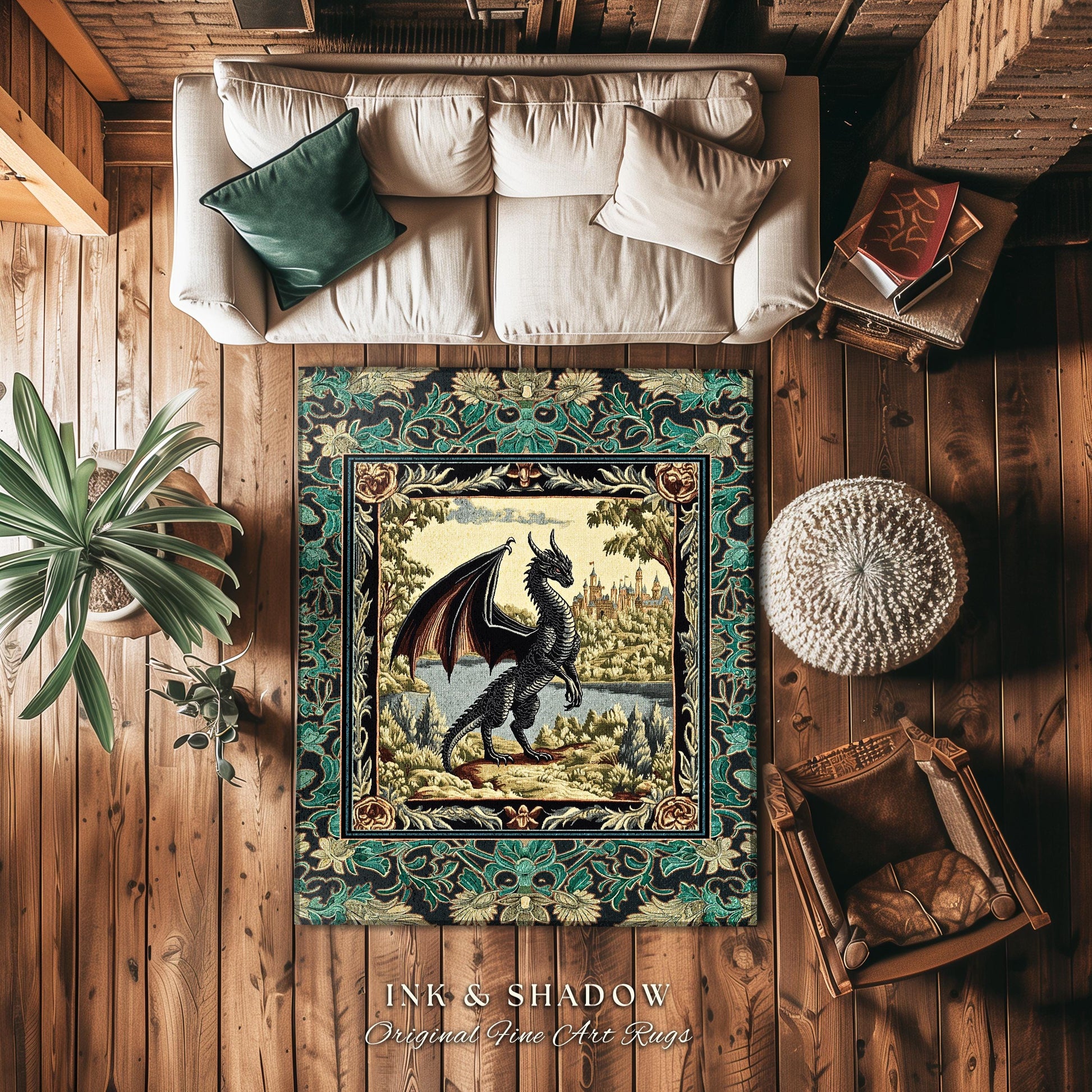 Dark Medieval Storybook Dragon Rug | Fairytale Theme Ornate Dark Academia Gothic Woodland Ornate Bedroom Botanical Bedroom Accent Maximalist