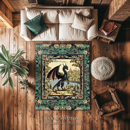 Dark Medieval Storybook Dragon Rug | Fairytale Theme Ornate Dark Academia Gothic Woodland Ornate Bedroom Botanical Bedroom Accent Maximalist