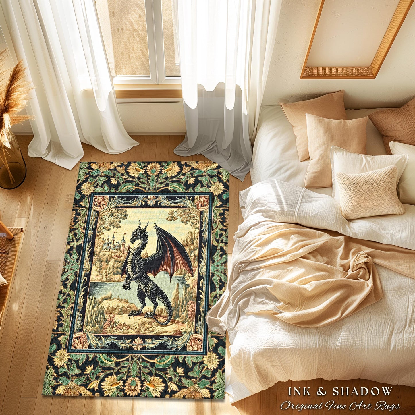 Black Dragon Royal Elegance Rug | Storybook Gilt Gothic Carpet Woodland Medieval Ornate Bedroom Ethereal Fairytale Botanical Bedroom Accent