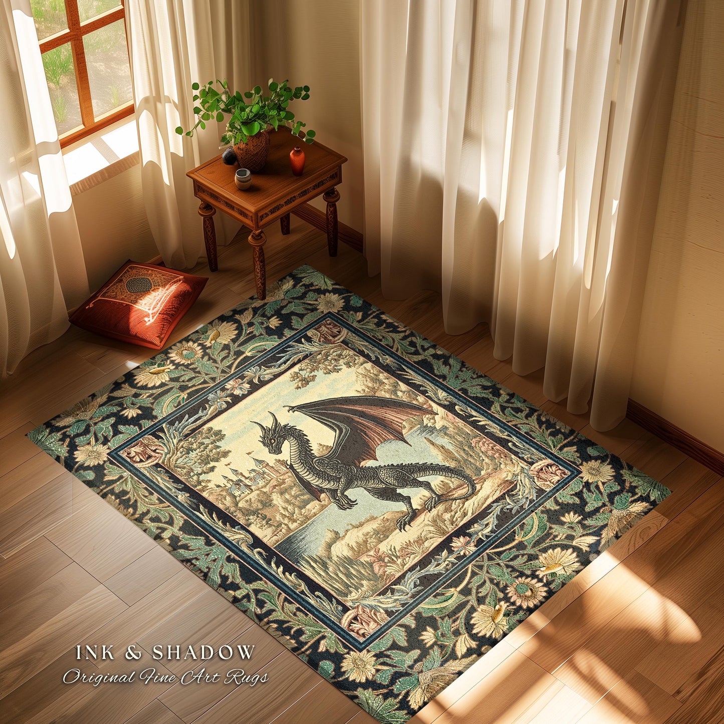 Black Dragon Royal Elegance Rug | Storybook Gilt Gothic Carpet Woodland Medieval Ornate Bedroom Ethereal Fairytale Botanical Bedroom Accent