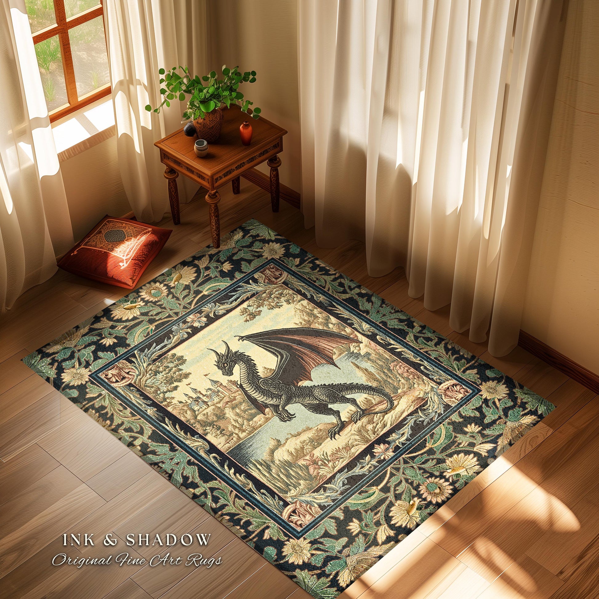 Black Dragon Royal Elegance Rug | Storybook Gilt Gothic Carpet Woodland Medieval Ornate Bedroom Ethereal Fairytale Botanical Bedroom Accent