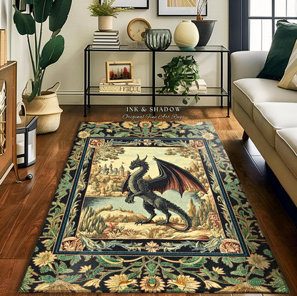 Black Dragon Royal Elegance Rug | Storybook Gilt Gothic Carpet Woodland Medieval Ornate Bedroom Ethereal Fairytale Botanical Bedroom Accent
