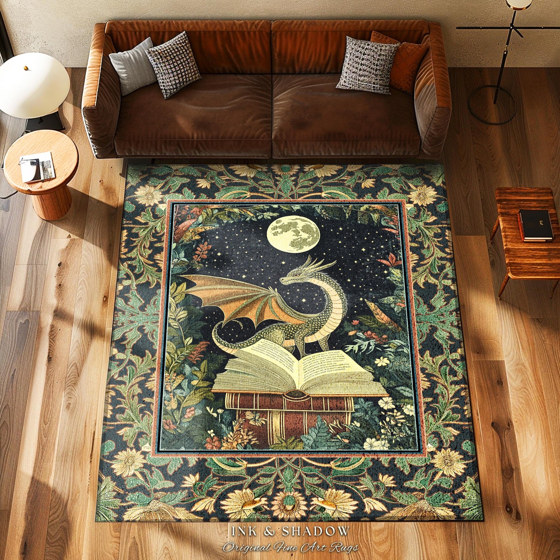 Fantasy Dragon Rug Medieval | Moonlit Library Dark Victorian Floral Woodland Fairytale Accent Rug Forestcore Dark Academia Book Home Decor