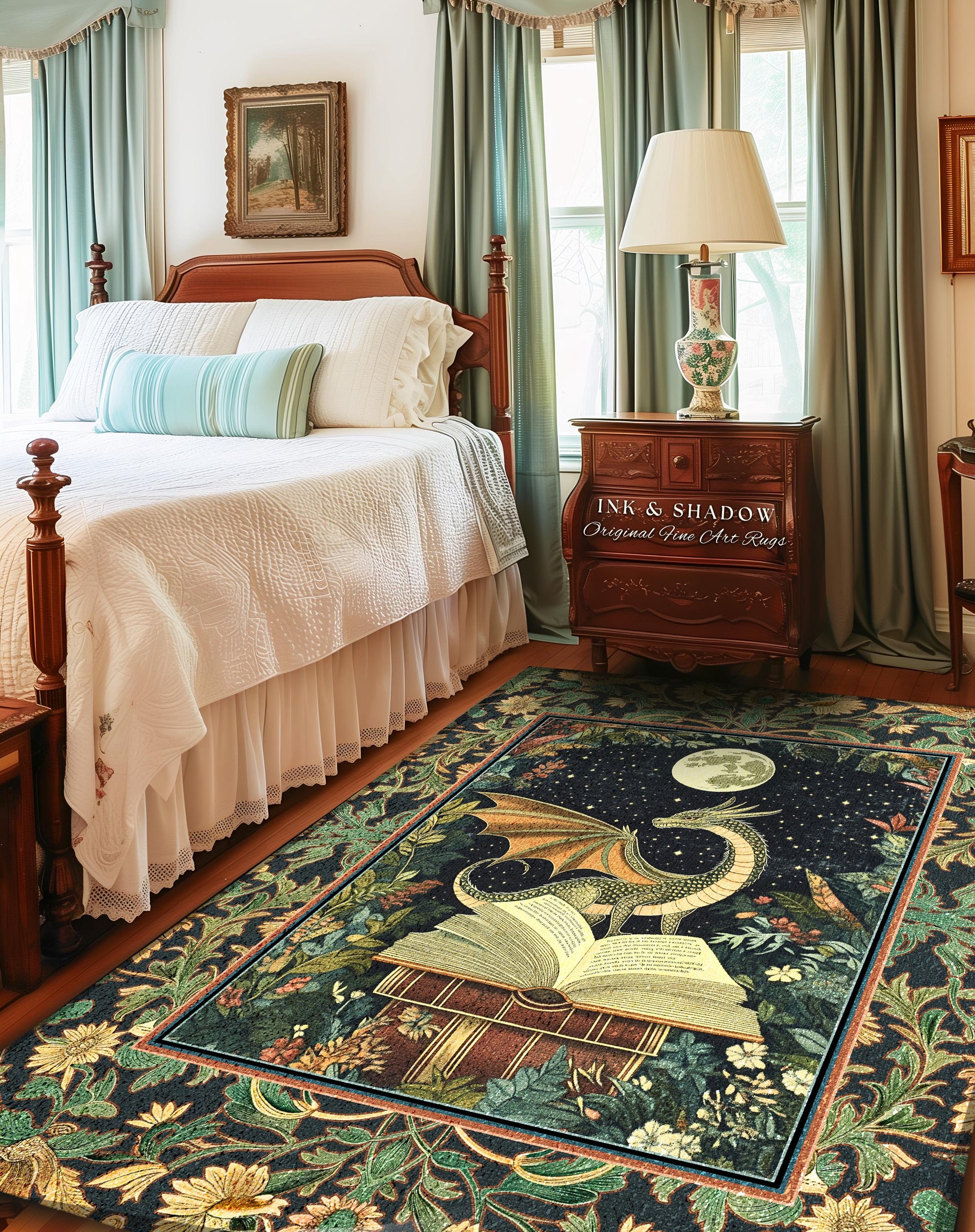 Fantasy Dragon Rug Medieval | Moonlit Library Dark Victorian Floral Woodland Fairytale Accent Rug Forestcore Dark Academia Book Home Decor