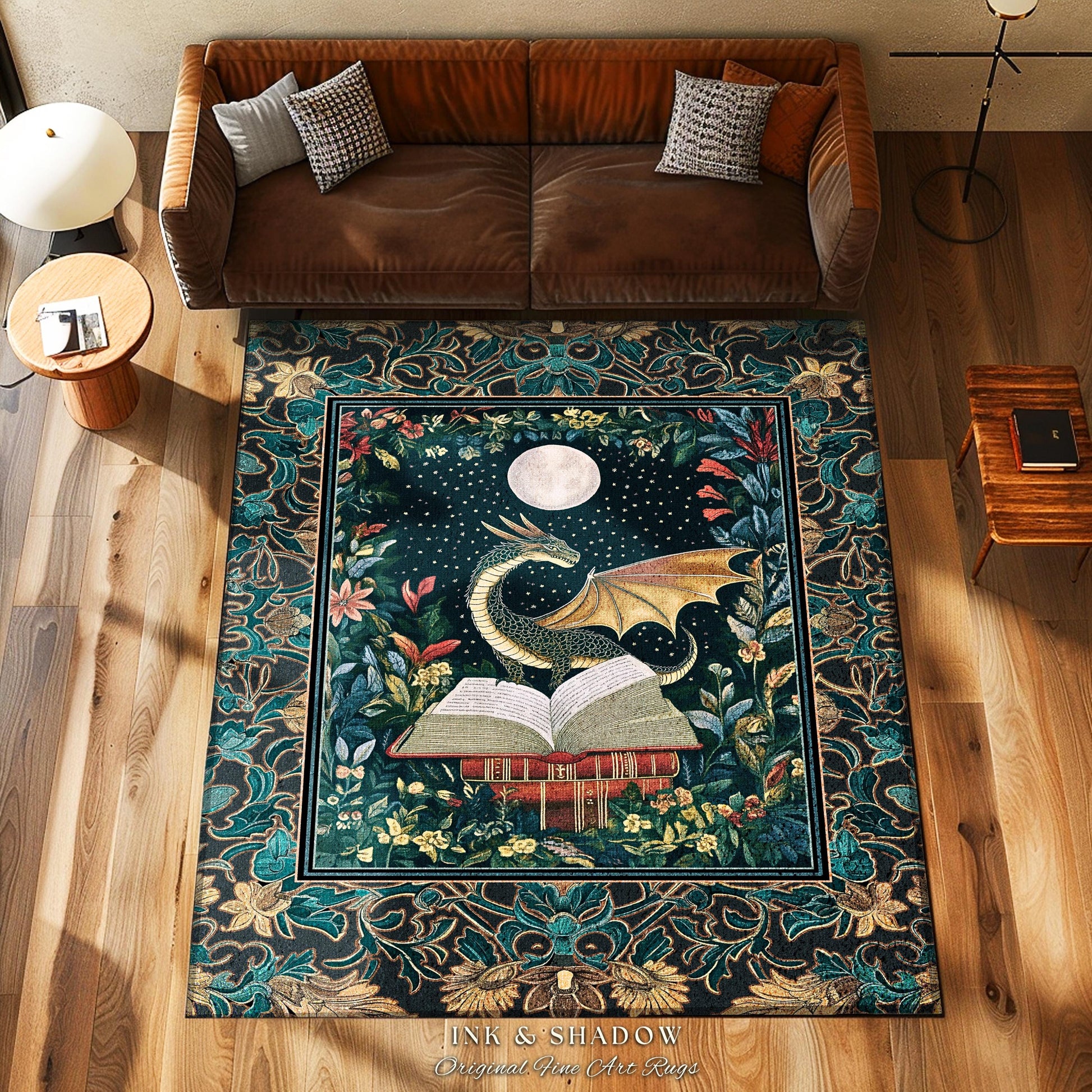 Witchy Moonlit Dragon Accent Rug | Book Lover Bedroom Fantasy Fairytale Style Fairycore Cottagecore Aesthetic Enchanting Area Rug Ethereal |