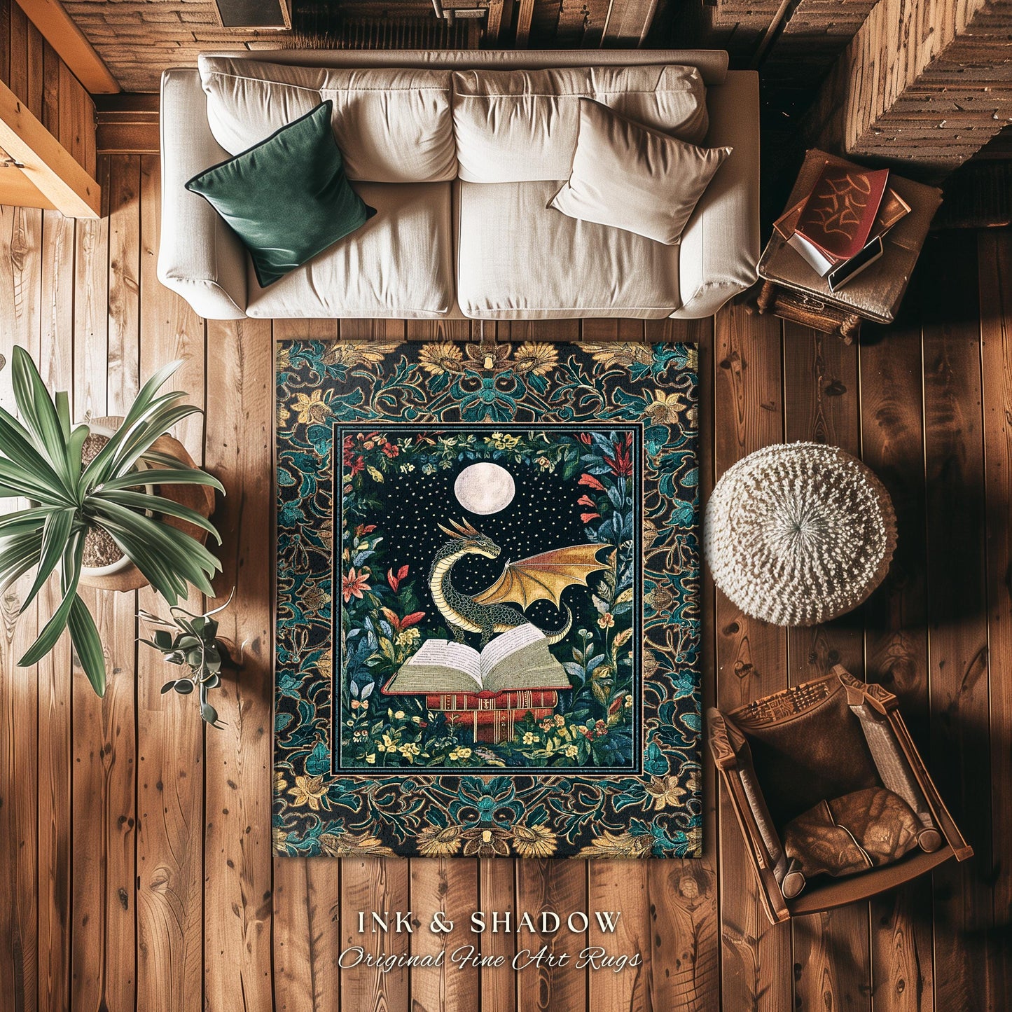 Witchy Moonlit Dragon Accent Rug | Book Lover Bedroom Fantasy Fairytale Style Fairycore Cottagecore Aesthetic Enchanting Area Rug Ethereal |