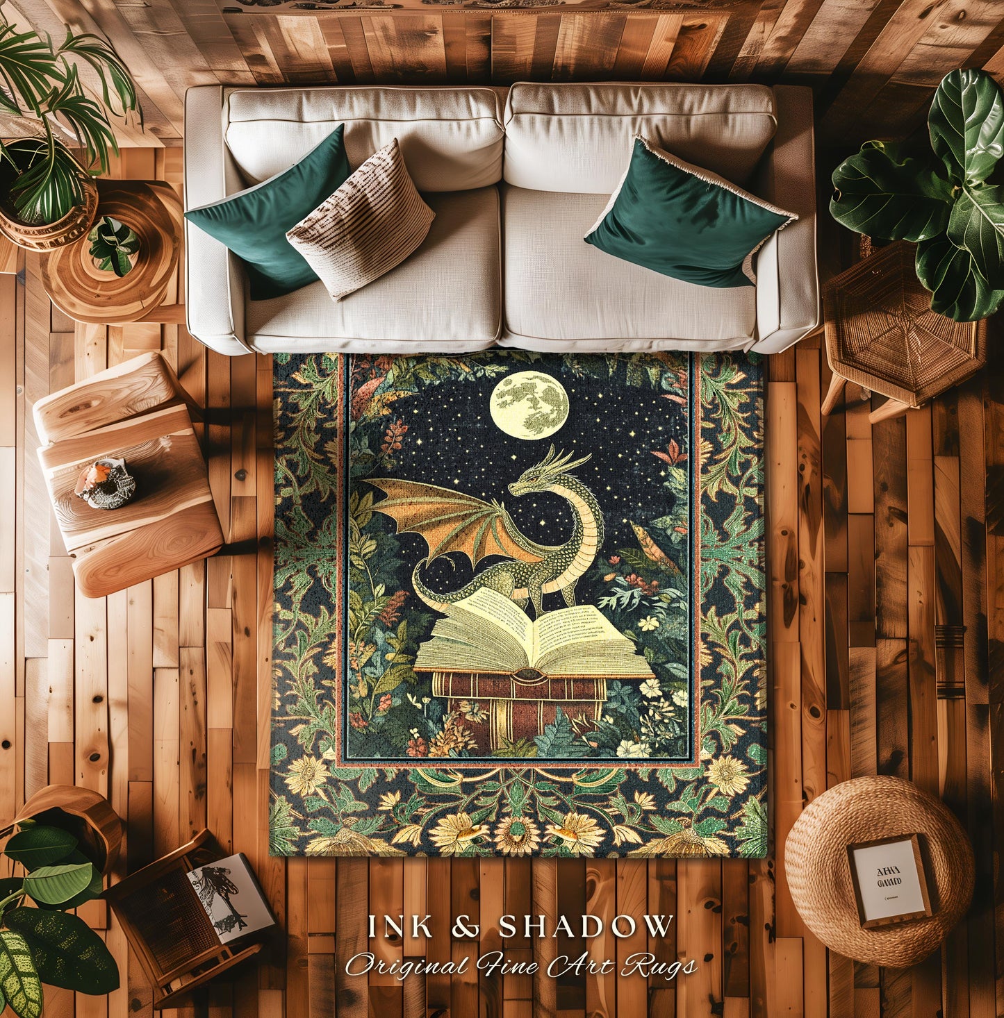Fantasy Dragon Rug Medieval | Moonlit Library Dark Victorian Floral Woodland Fairytale Accent Rug Forestcore Dark Academia Book Home Decor