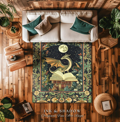 Fantasy Dragon Rug Medieval | Moonlit Library Dark Victorian Floral Woodland Fairytale Accent Rug Forestcore Dark Academia Book Home Decor