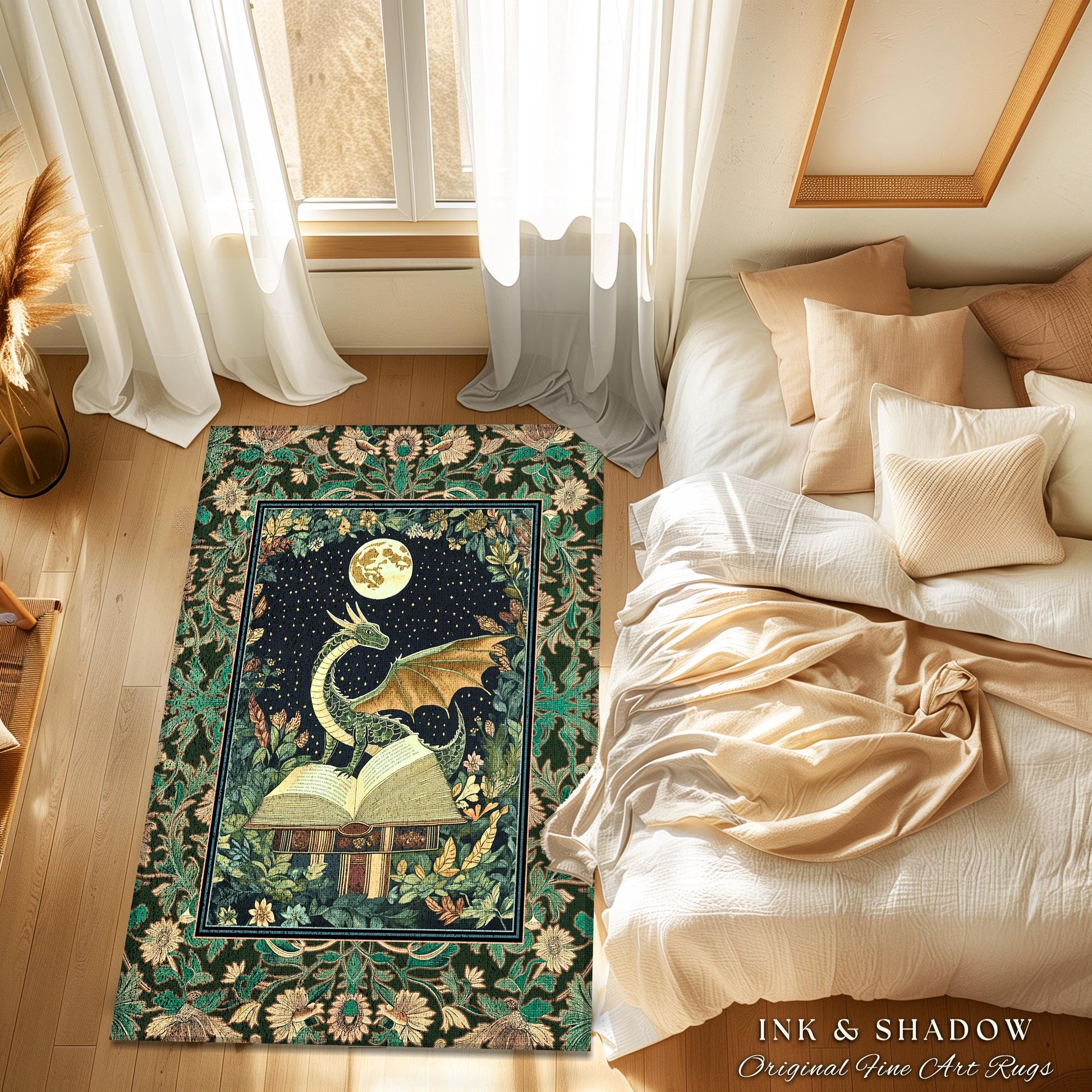 Medieval Library Cozy Reading Rug | Dragon Aesthetic Whimsigothic Dark Academia Decor for Book Nook Crowcore Fairytale Bedroom Rug Victorian