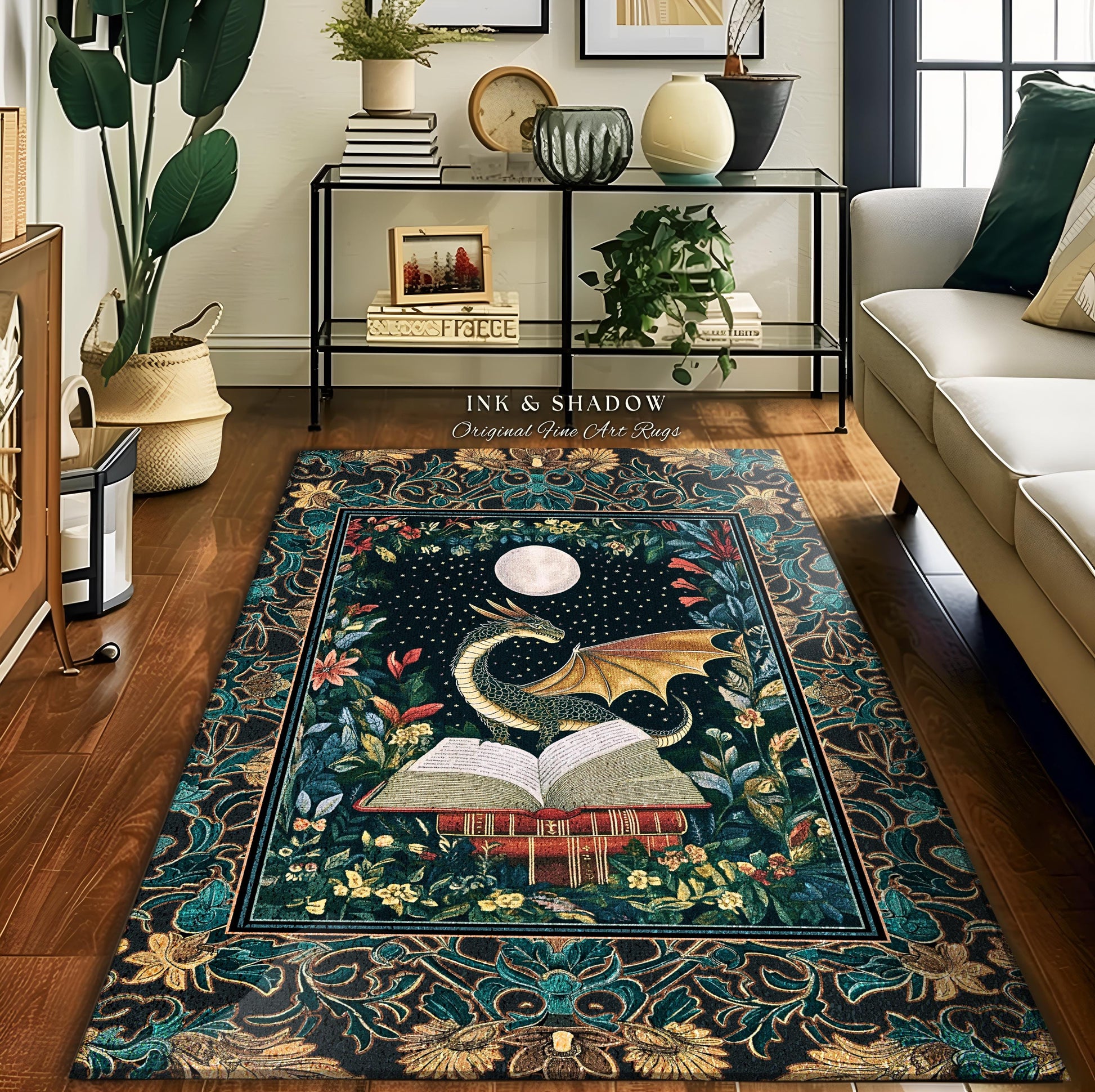 Witchy Moonlit Dragon Accent Rug | Book Lover Bedroom Fantasy Fairytale Style Fairycore Cottagecore Aesthetic Enchanting Area Rug Ethereal |