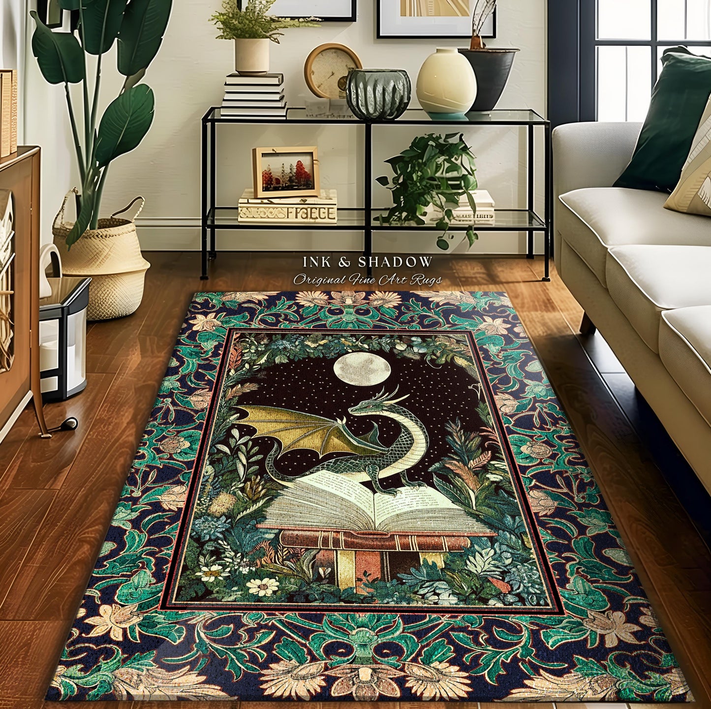 Mystic Academia Dragon Area Rug | Moonlit Fantasy Book Nook Accent Whimsical Bedroom Fairytale Dark Cottagecore Floral Storybook Aesthetic |