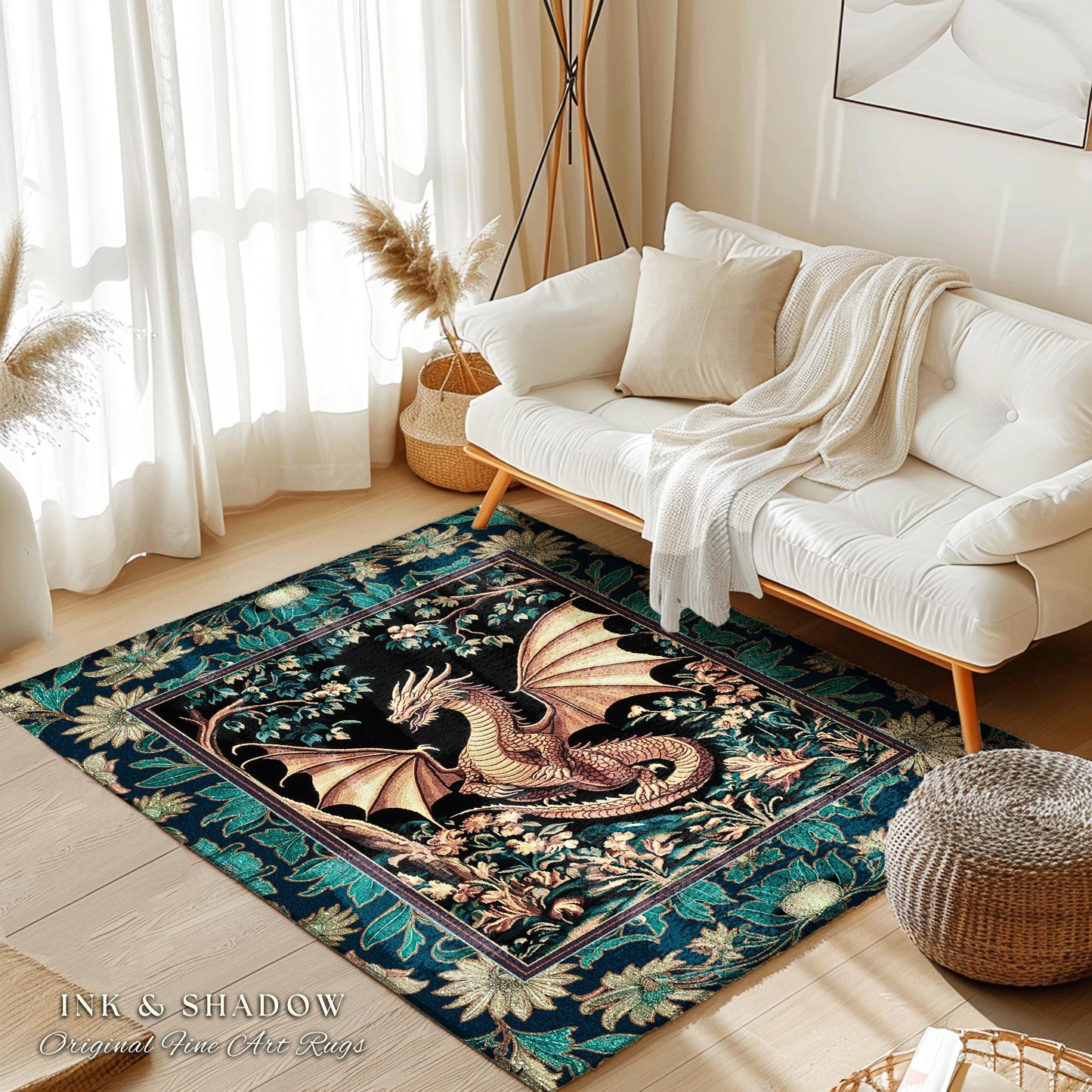 Elegant Golden Dragon Botanical Area Rug | Mystic Florals Medieval Fantasy Bedroom Aesthetic Floral Accent Rug Mythical Creatures Ethereal |