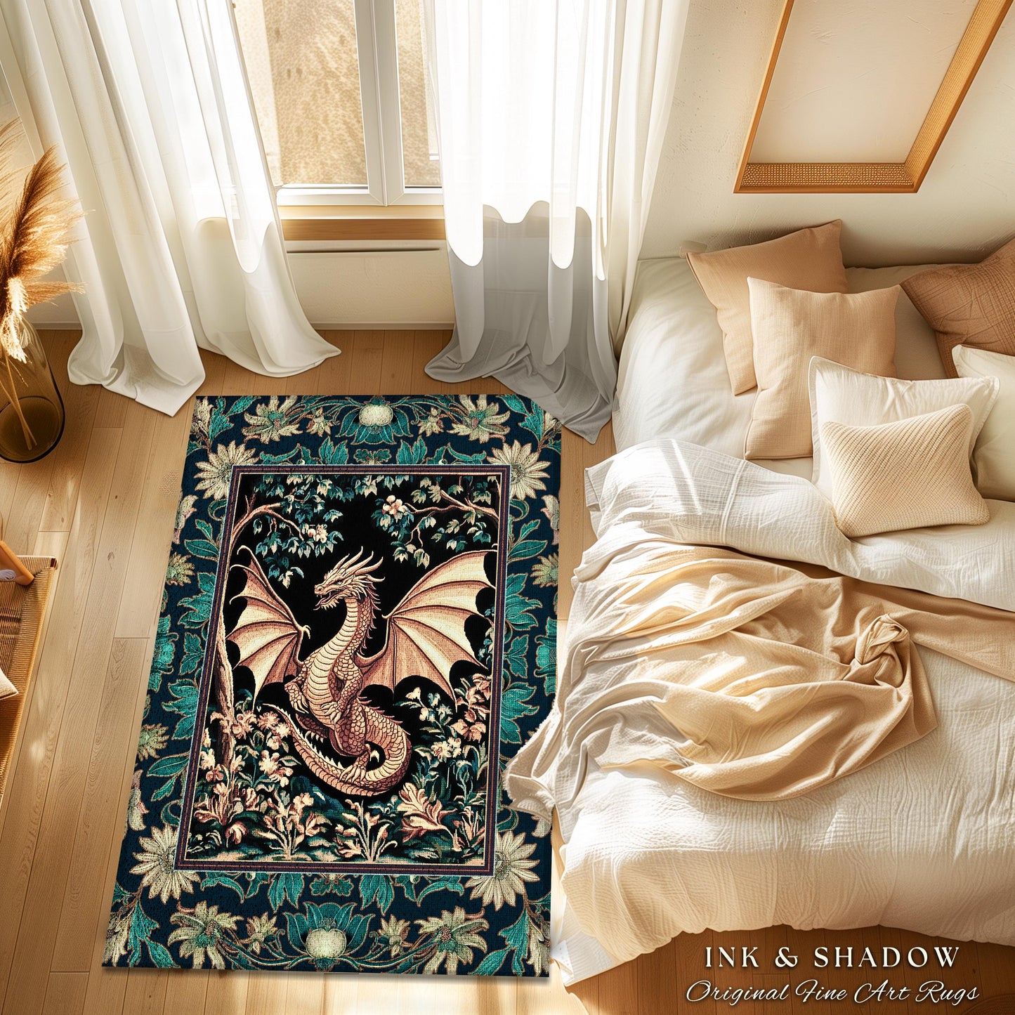 Elegant Golden Dragon Botanical Area Rug | Mystic Florals Medieval Fantasy Bedroom Aesthetic Floral Accent Rug Mythical Creatures Ethereal |