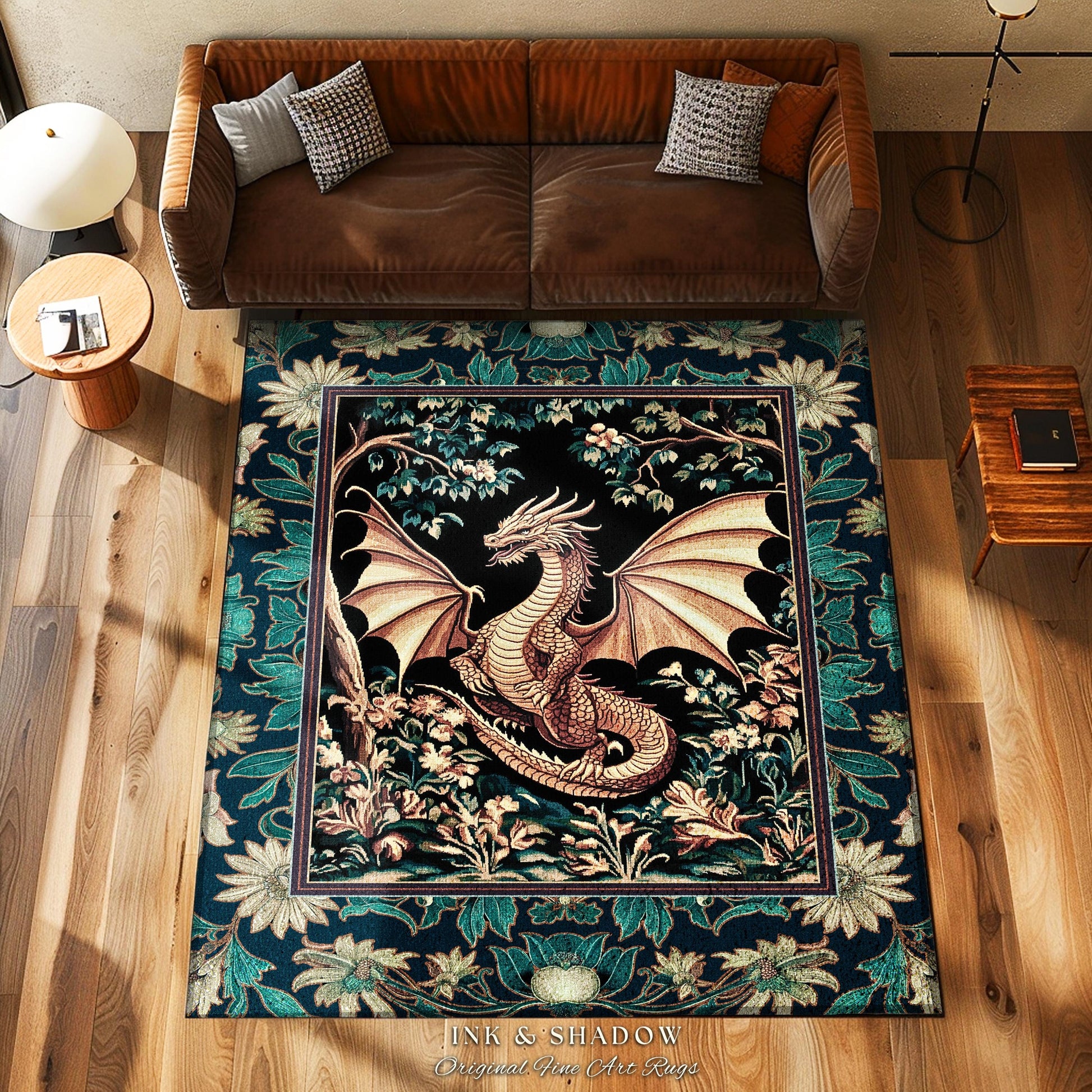 Elegant Golden Dragon Botanical Area Rug | Mystic Florals Medieval Fantasy Bedroom Aesthetic Floral Accent Rug Mythical Creatures Ethereal |