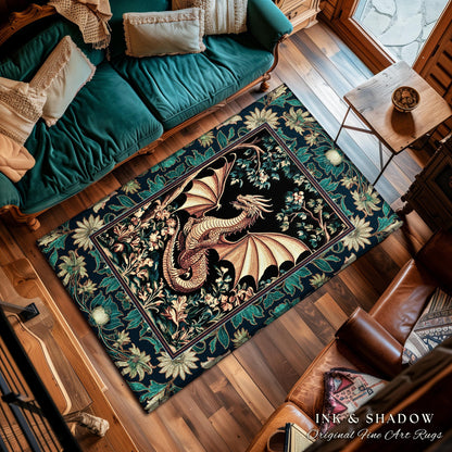 Elegant Golden Dragon Botanical Area Rug | Mystic Florals Medieval Fantasy Bedroom Aesthetic Floral Accent Rug Mythical Creatures Ethereal |