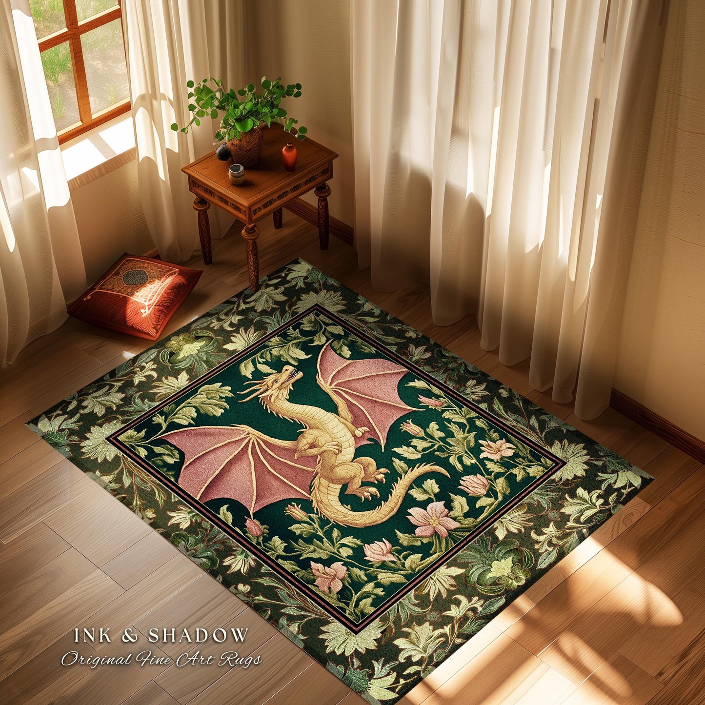 Botanical Storybook Dragon Area Rug | Fairytale Aesthetic Floral Victorian Accent Foliage Middle Ages Theme Enchanted Gothic Folklore Magic