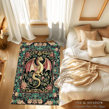 Victorian Gothic Medieval Dragon Rug | Enchanted Ornate Baroque Fantasy Home Accent Mystical Vintage Whimsigoth Woodland Bedroom Art Trendy