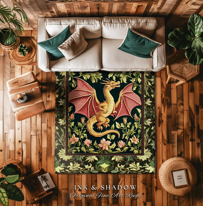 Botanical Storybook Dragon Area Rug | Fairytale Aesthetic Floral Victorian Accent Foliage Middle Ages Theme Enchanted Gothic Folklore Magic