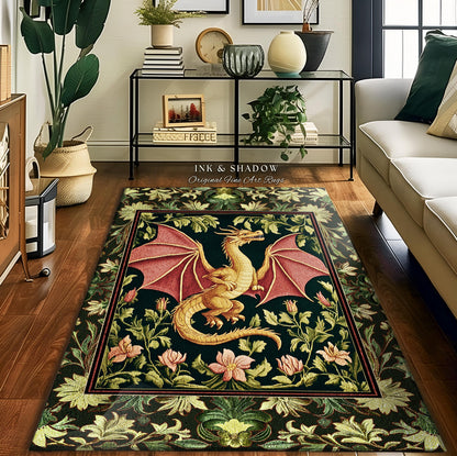 Botanical Storybook Dragon Area Rug | Fairytale Aesthetic Floral Victorian Accent Foliage Middle Ages Theme Enchanted Gothic Folklore Magic