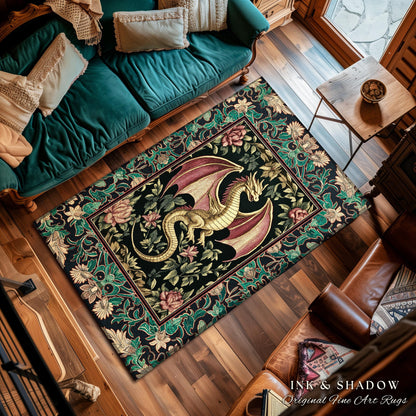 Victorian Gothic Medieval Dragon Rug | Enchanted Ornate Baroque Fantasy Home Accent Mystical Vintage Whimsigoth Woodland Bedroom Art Trendy