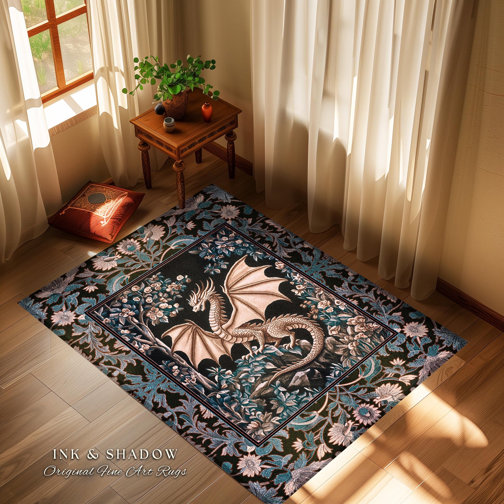 Mystic Mythology Rustic Area Rug | Dark Botanical Gothic Medieval Home Accent Rug Dark Academia Magical Fairytale Aesthetic Mystic Bedroom