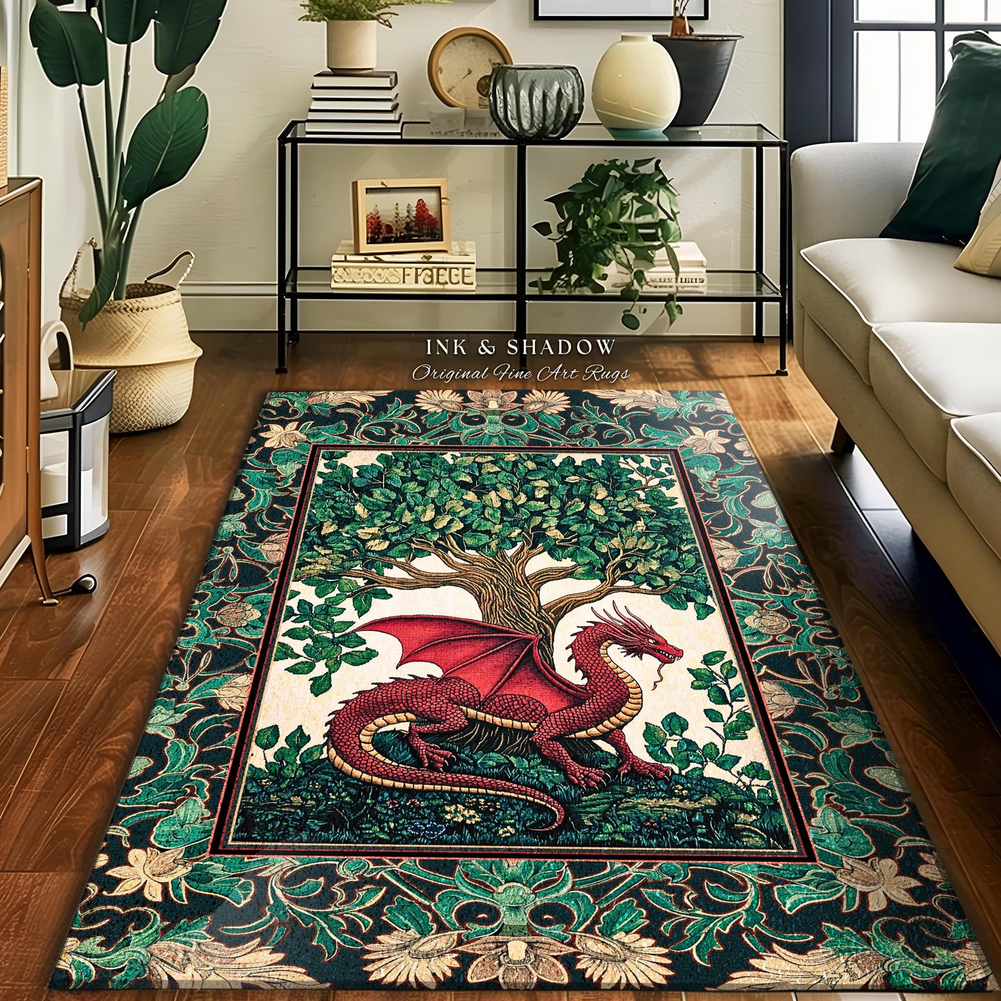 Medieval Woodland Dragon Accent Rug | Botanical Goblincore Bedroom Whimsigothic Style Fairycore Cottagecore Aesthetic Moody Dark Academia |