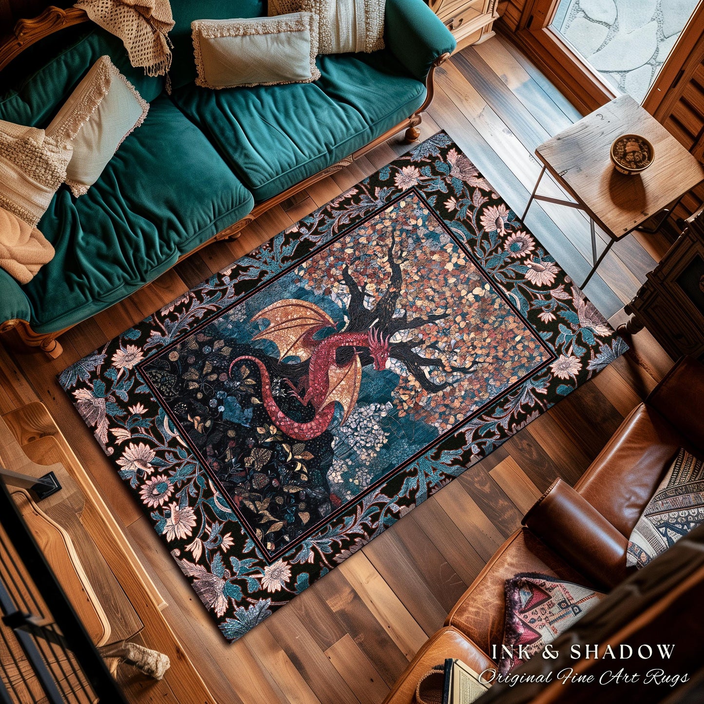 Mystic Serpent Dragon Cozy Bedroom Rug | Medieval Whimsy Dark Academia Magical Aesthetic Tree Area Rug Fairytale Theme Moody Magical Beast |