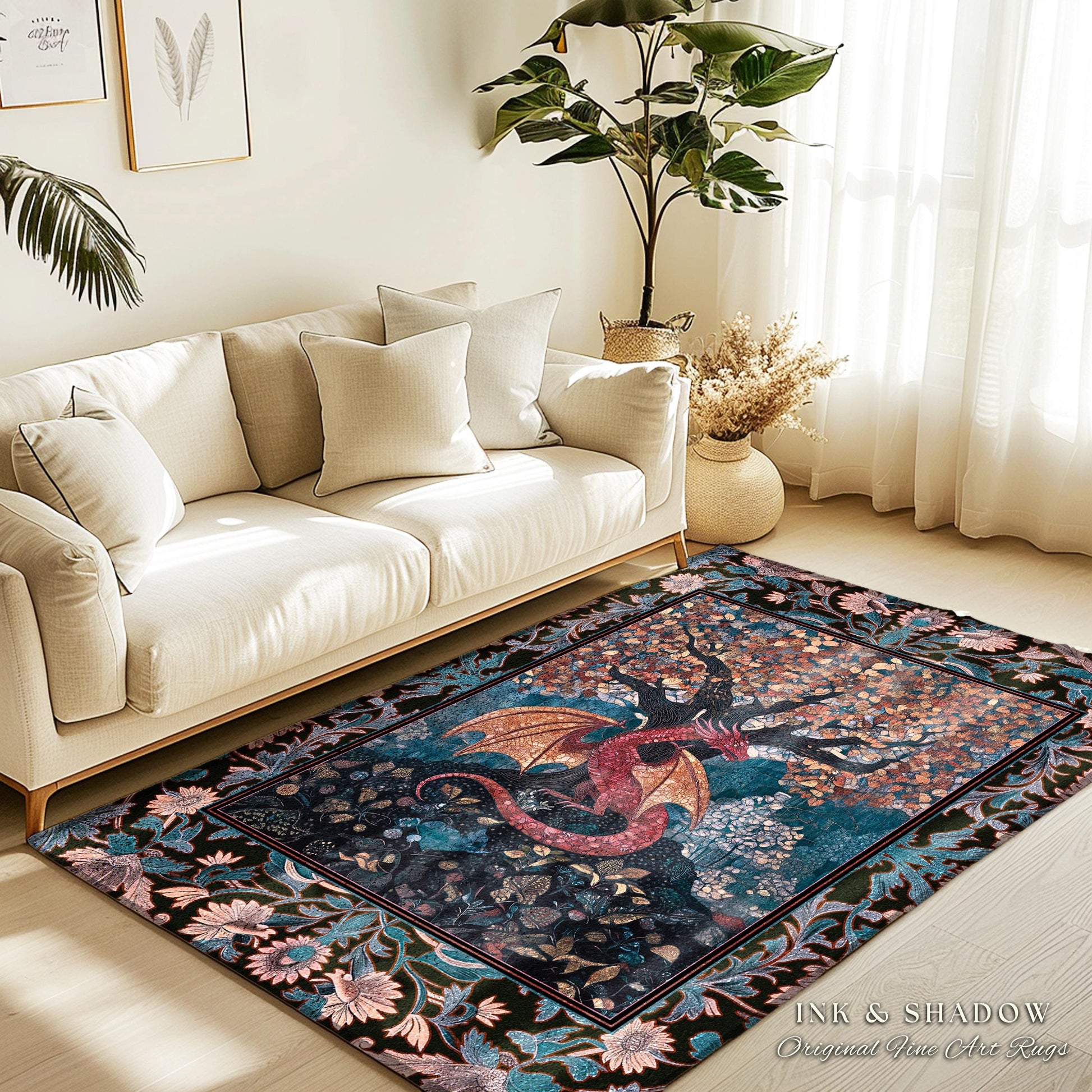 Mystic Serpent Dragon Cozy Bedroom Rug | Medieval Whimsy Dark Academia Magical Aesthetic Tree Area Rug Fairytale Theme Moody Magical Beast |