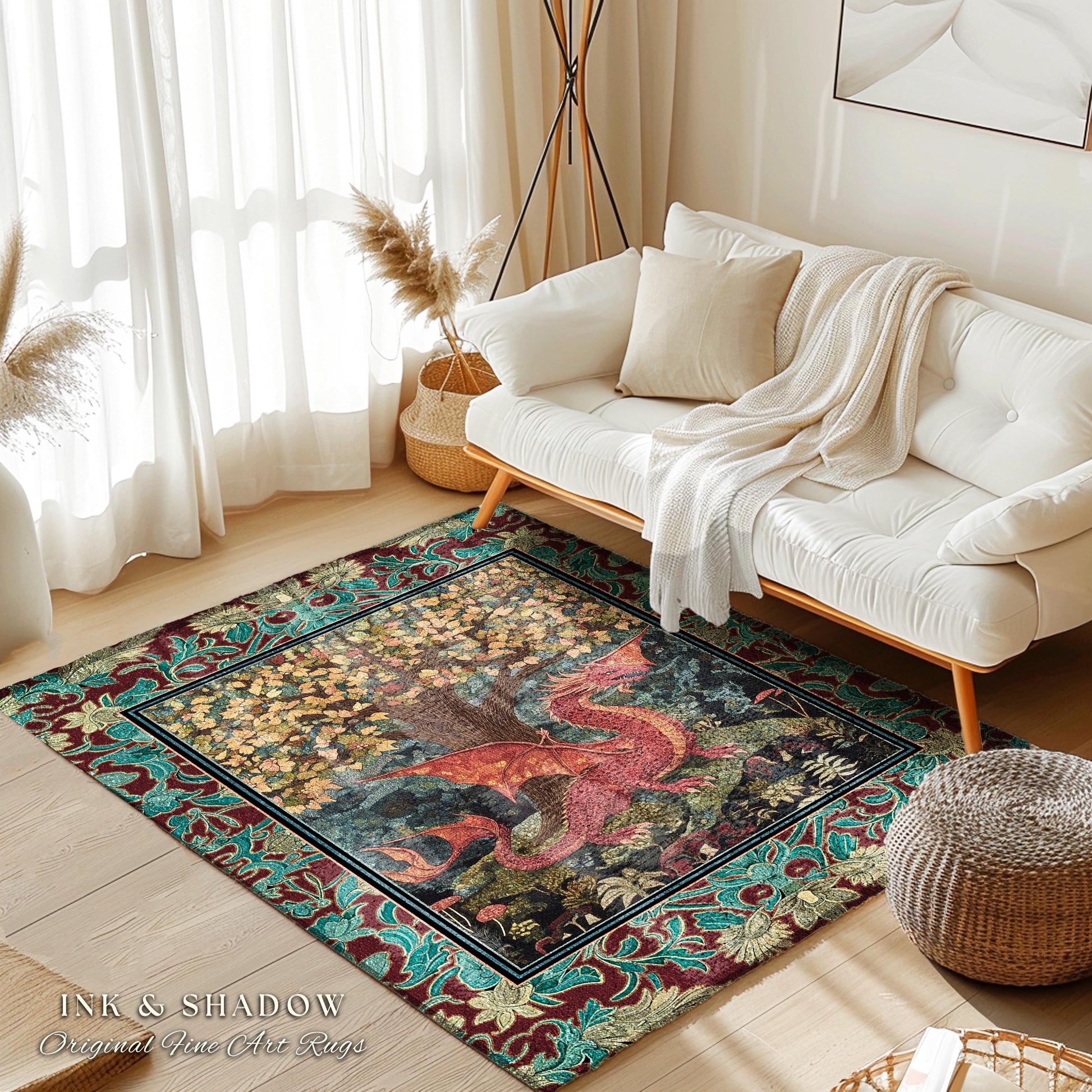 Mystical Fantasy Botanical Dragon Rug | Romantic Victorian Floral Medieval Gothic Bedroom Tree of Life Mythical Beasts Library Aesthetic Art